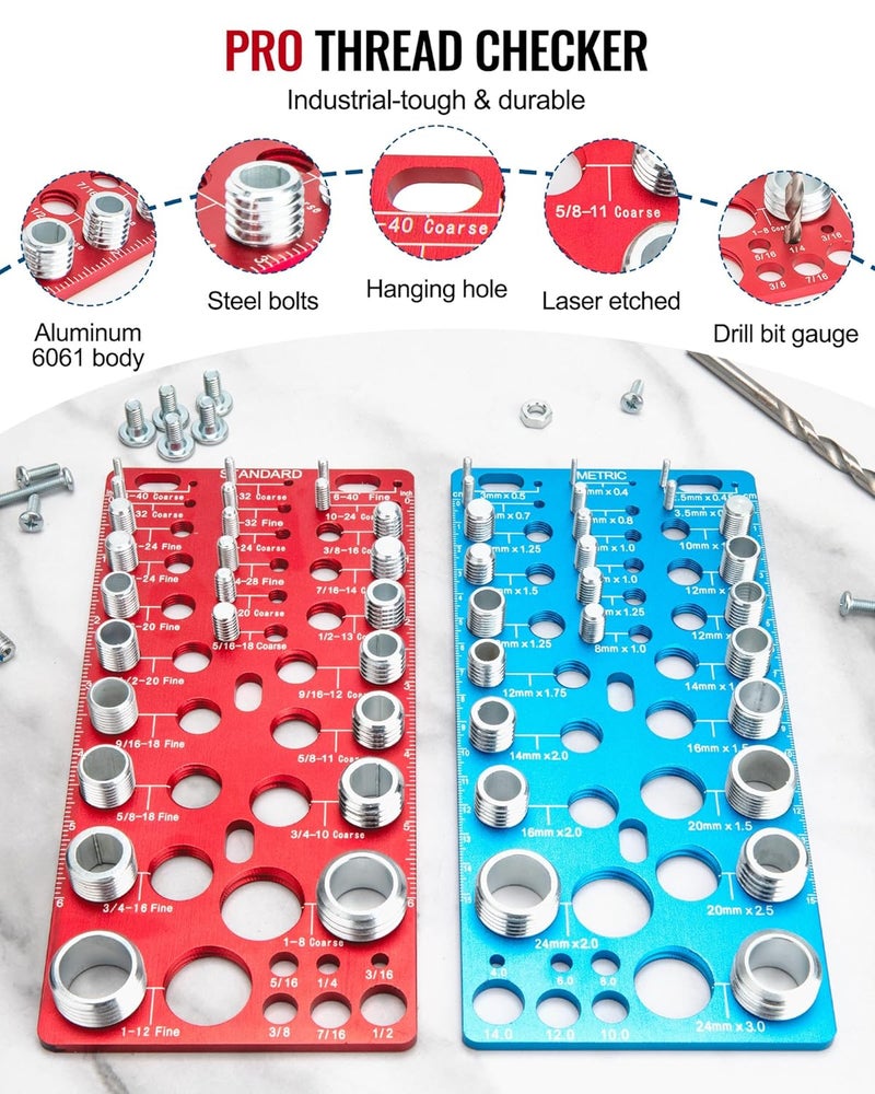 Comfylichi 62 Pcs Nut and Bolt Thread Checker - 25 Standard + 25 Metric Thread Gauges | 12 Drill Bit Gauges, Wall-Mountable Bolt Size Finder for Identifying Fastener & Drill Bits - Image 3